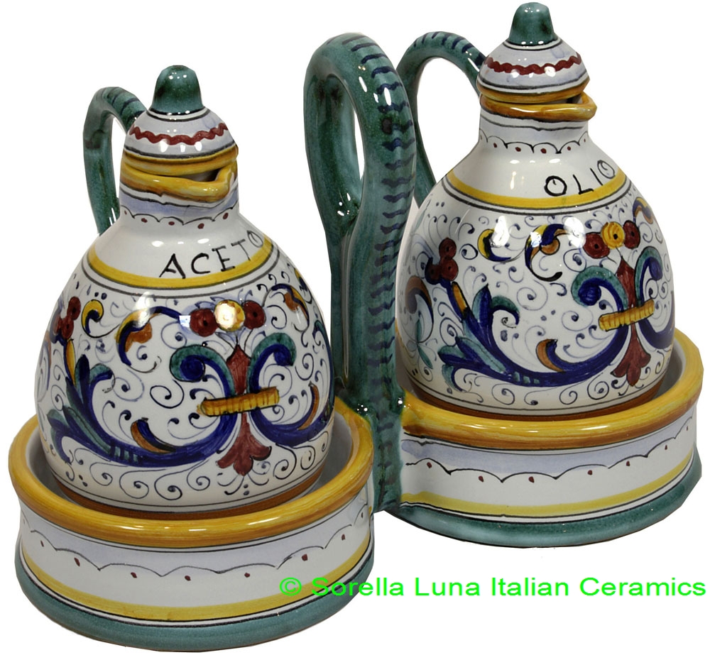 Daphne Hand Painted Italian Ceramic Oil and Vinegar Cruets From Deruta 