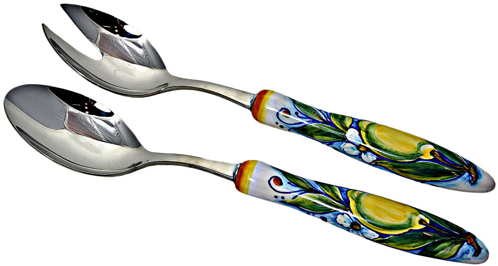 Blue/Wh... Blue Italian 25 cm Porcelain and Stainless Steel Salad Servers Pair 