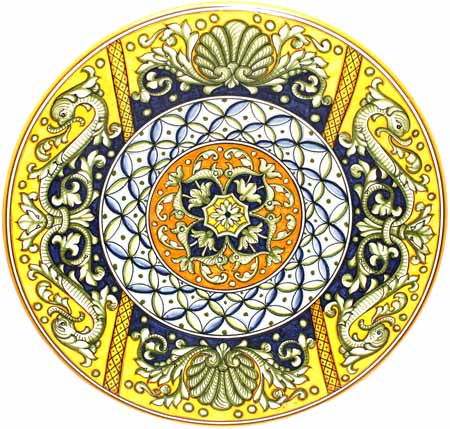 Ceramic Majolica Plate Shells Dragons Yellow Blue 52cm