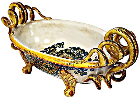 Ceramic Majolica Centerpiece Snake Handle Yellow White
