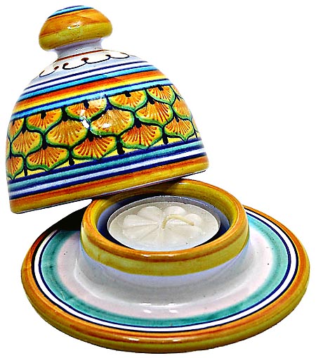 Ceramic Majolica Covered Candle Yellow Peacock 10cm