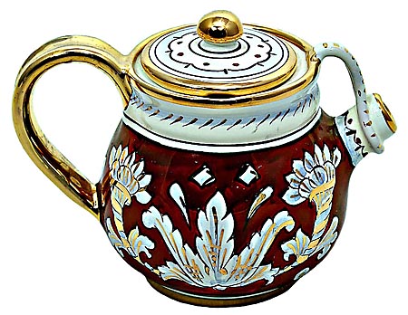 Ceramic Majolica Tea Coffee Pot Red Gold Leaf 12cm