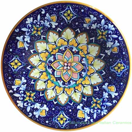 Ceramic Majolica Plate Flower Dark Blue