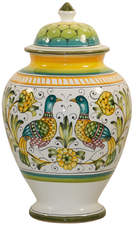 Italian Ceramic Centerpiece Urn - Lovers Peacocks