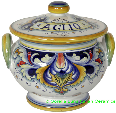 Ceramic Majolica Covered Garlic Jar