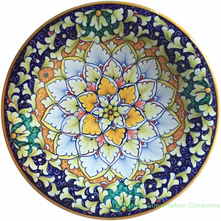 Ceramic Majolica Plate Orange Light Blue Green Snowflake 25cm