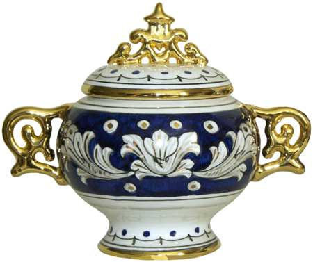 Covered Bowl/Urn - Blue and Gold Handled Petit