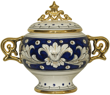 Covered Bowl/Urn - Blue and Gold Handled Small 