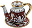 Ceramic Majolica Coffee Tea Pot Saucer Red Gold Leaf 15