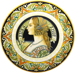 Ceramic Majolica Plate Portrait Female BW GRN FIDES 42cm