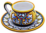 Ceramic Majolica Cappuccino Cup Saucer FDL Yellow Red