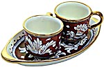 Ceramic Majolica Coffee Cup Service Red Gold Leaf Oval
