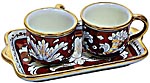 Ceramic Majolica Coffee Cup Service Red Gold Leaf Rect